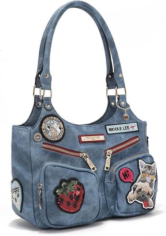 Nicole Lee Multi-Patch Shoulder Bag, Denim-Look Vegan Leather with Sequin Strawberry, Cat and Dog Prints, Medium Handbag (BLUE) in Kuwait