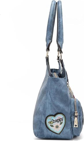 Nicole Lee Multi-Patch Shoulder Bag, Denim-Look Vegan Leather with Sequin Strawberry, Cat and Dog Prints, Medium Handbag (BLUE) in Kuwait