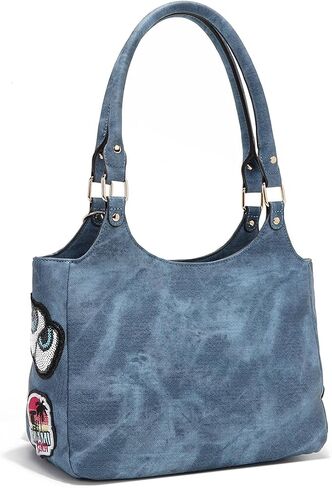Nicole Lee Multi-Patch Shoulder Bag, Denim-Look Vegan Leather with Sequin Strawberry, Cat and Dog Prints, Medium Handbag (BLUE) in Kuwait