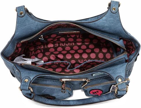 Nicole Lee Multi-Patch Shoulder Bag, Denim-Look Vegan Leather with Sequin Strawberry, Cat and Dog Prints, Medium Handbag (BLUE) in Kuwait