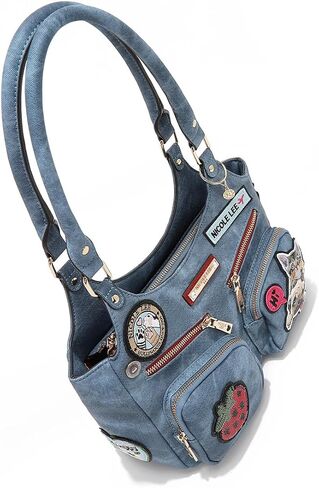 Nicole Lee Multi-Patch Shoulder Bag, Denim-Look Vegan Leather with Sequin Strawberry, Cat and Dog Prints, Medium Handbag (BLUE) in Kuwait