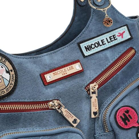 Nicole Lee Multi-Patch Shoulder Bag, Denim-Look Vegan Leather with Sequin Strawberry, Cat and Dog Prints, Medium Handbag (BLUE) in Kuwait