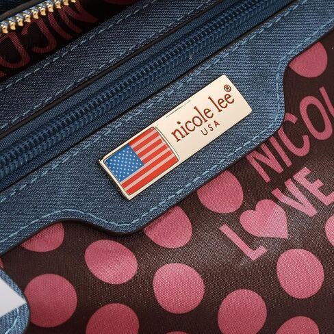 Nicole Lee Multi-Patch Shoulder Bag, Denim-Look Vegan Leather with Sequin Strawberry, Cat and Dog Prints, Medium Handbag (BLUE) in Kuwait