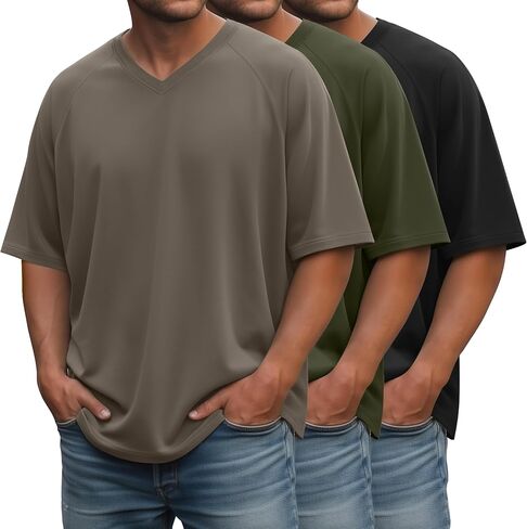 3 Pack Men's Oversized T Shirts V Neck Raglan Short Sleeve Tops Athletic Casual Loose Fit Summer Basic Tees in Kuwait