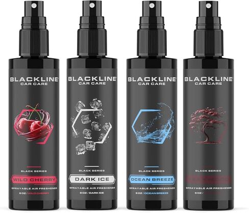 Blackline Car Care - Variety Pack Air Fresheners, Long-Lasting, Oder Eliminator, for Cars, Trucks, SUV, or Home Use - 8 fl OZ - Teakwood, Ocean Breeze, Dark Ice, Wild Cherry Air Fresheners in Kuwait