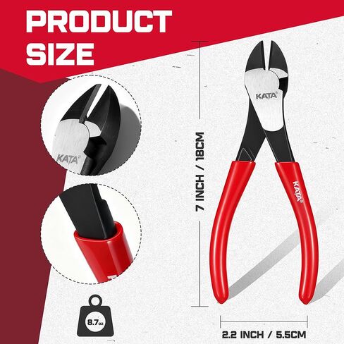 KATA 7-Inch High Leverage Diagonal Cutting Pliers, Heavy Duty Wire Cutters with Comfortable Grip, Angled Head and Sharp Edge, Diagonal Side Cutters Flush Cut for Cutting Metal Wires in Kuwait