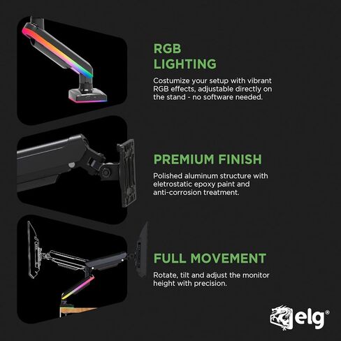 ذراع شاشة الألعاب RGB مع زنبرك غاز، حامل مكتبي قابل للتعديل لشاشات مقاس 17 إلى 35 بوصة، تصميم مريح للحركة الكاملة، متوافق مع VESA، يتضمن إدارة الكابلات in Kuwait