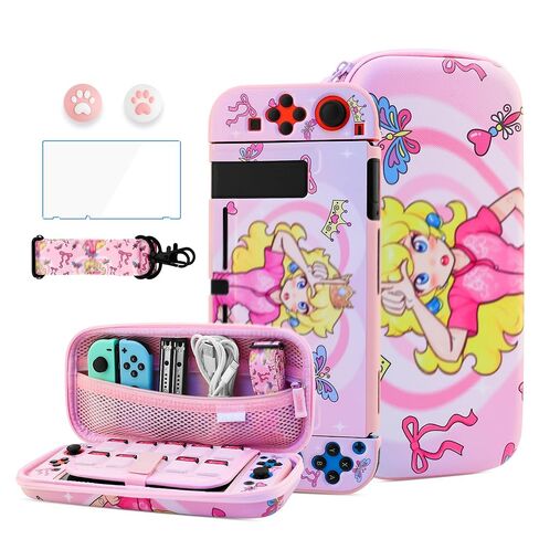 HYPERCASE Cute Pink NS (Not OLED/Lite) Switch Case Kit of Princess, with Portable Switch Carrying Travel Bag, TPU Softshell Switch Cover Skin, Screen Protector, Shoulder Straps & 2 Kawaii Thump Caps in Kuwait