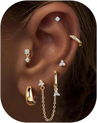 Turandoss Gold Earrings for Women, 14K Gold Plated Hypoallergenic Dangle Earrings Dainty Hoop Stud Earrings Stacks Cartilage Earrings for Multiple Piercing in Saudi Arabia