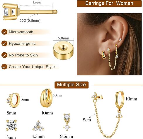 Turandoss Gold Earrings for Women, 14K Gold Plated Hypoallergenic Dangle Earrings Dainty Hoop Stud Earrings Stacks Cartilage Earrings for Multiple Piercing in Saudi Arabia