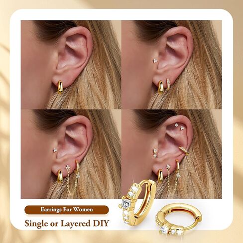 Turandoss Gold Earrings for Women, 14K Gold Plated Hypoallergenic Dangle Earrings Dainty Hoop Stud Earrings Stacks Cartilage Earrings for Multiple Piercing in Saudi Arabia