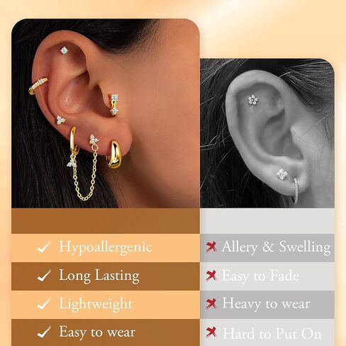 Turandoss Gold Earrings for Women, 14K Gold Plated Hypoallergenic Dangle Earrings Dainty Hoop Stud Earrings Stacks Cartilage Earrings for Multiple Piercing in Saudi Arabia
