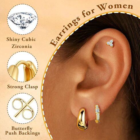Turandoss Gold Earrings for Women, 14K Gold Plated Hypoallergenic Dangle Earrings Dainty Hoop Stud Earrings Stacks Cartilage Earrings for Multiple Piercing in Saudi Arabia