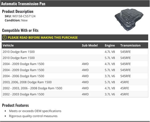 وعاء ناقل الحركة الأوتوماتيكي - متوافق مع 2002-2010 دودج رام 1500 4WD (545RFE) in Saudi Arabia