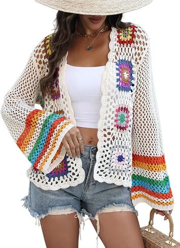 Women Crochet Cardigans Lightweight Sweaters Summer Open Knit Cardigan Boho Long Sleeve Top in Saudi Arabia
