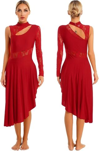 أزياء رقص الباليه الغنائي المعاصرة للنساء من الدانتيل للبالغين، فستان رقص لاتيني للتزلج الفني غير متماثل، فستان رقص الفالس (أحمر، مقاس S) in Kuwait