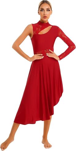 أزياء رقص الباليه الغنائي المعاصرة للنساء من الدانتيل للبالغين، فستان رقص لاتيني للتزلج الفني غير متماثل، فستان رقص الفالس (أحمر، مقاس S) in Kuwait