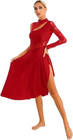 أزياء رقص الباليه الغنائي المعاصرة للنساء من الدانتيل للبالغين، فستان رقص لاتيني للتزلج الفني غير متماثل، فستان رقص الفالس (أحمر، مقاس S) in Kuwait