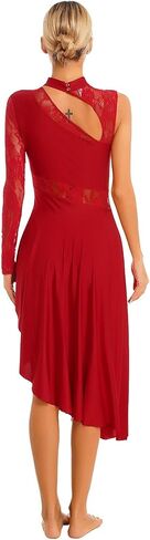 أزياء رقص الباليه الغنائي المعاصرة للنساء من الدانتيل للبالغين، فستان رقص لاتيني للتزلج الفني غير متماثل، فستان رقص الفالس (أحمر، مقاس S) in Kuwait