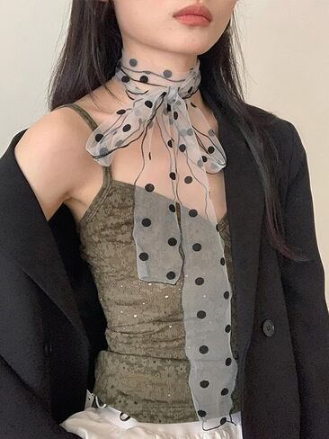 Bohemian Polka Dots Scarf for Women Delicate Lace Long Wrap Choker Necklace Graceful Ribbon Tie Neckerchief Layered Sweet Spicy Choker Fashion Soft Gauze Necklace Jewelry Gift in Saudi Arabia