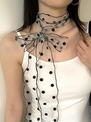 Bohemian Polka Dots Scarf for Women Delicate Lace Long Wrap Choker Necklace Graceful Ribbon Tie Neckerchief Layered Sweet Spicy Choker Fashion Soft Gauze Necklace Jewelry Gift in Saudi Arabia