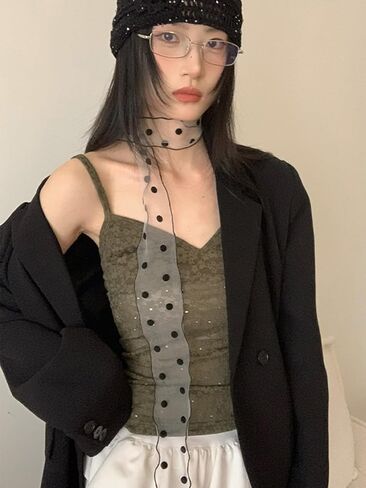 Bohemian Polka Dots Scarf for Women Delicate Lace Long Wrap Choker Necklace Graceful Ribbon Tie Neckerchief Layered Sweet Spicy Choker Fashion Soft Gauze Necklace Jewelry Gift in Saudi Arabia