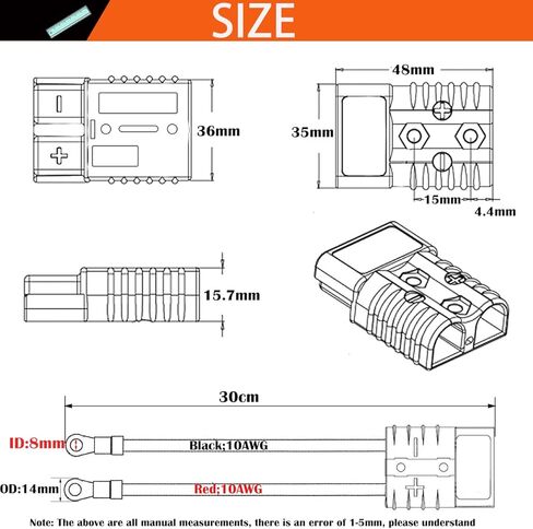 بطارية 50 أمبير توصيل سريع لفصل الموصل مع كابل موصل بطارية حلقة دائرية 10AWG، للرافعة الشوكية الكهربائية، والمنزل المتنقل، والجرارات (قطعتان) in Kuwait