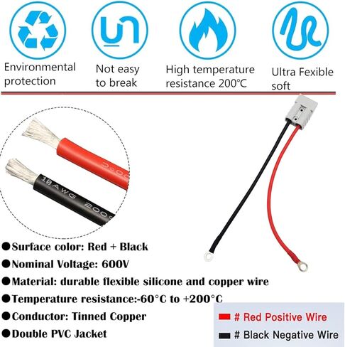 بطارية 50 أمبير توصيل سريع لفصل الموصل مع كابل موصل بطارية حلقة دائرية 10AWG، للرافعة الشوكية الكهربائية، والمنزل المتنقل، والجرارات (قطعتان) in Kuwait