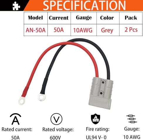 بطارية 50 أمبير توصيل سريع لفصل الموصل مع كابل موصل بطارية حلقة دائرية 10AWG، للرافعة الشوكية الكهربائية، والمنزل المتنقل، والجرارات (قطعتان) in Kuwait