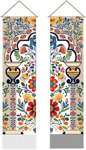AHANDMAKER 2Pcs Boho Flower Mandala Indian Vertical Tapestry, Boho Floral Art Wall Hanging with Tassel for Living Room, Entry (45.7x13 Inch) in Saudi Arabia