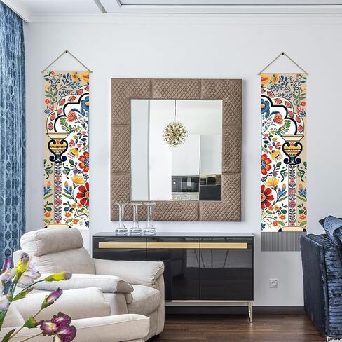 AHANDMAKER 2Pcs Boho Flower Mandala Indian Vertical Tapestry, Boho Floral Art Wall Hanging with Tassel for Living Room, Entry (45.7x13 Inch) in Saudi Arabia