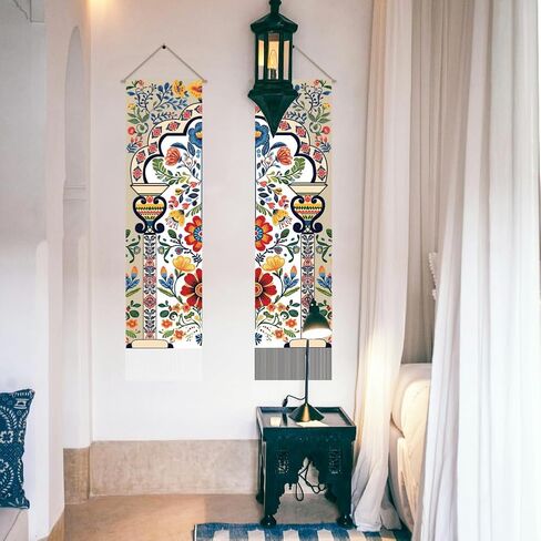 AHANDMAKER 2Pcs Boho Flower Mandala Indian Vertical Tapestry, Boho Floral Art Wall Hanging with Tassel for Living Room, Entry (45.7x13 Inch) in Saudi Arabia