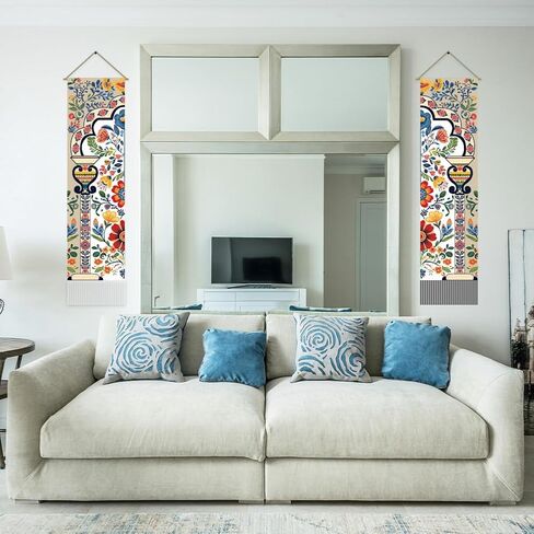 AHANDMAKER 2Pcs Boho Flower Mandala Indian Vertical Tapestry, Boho Floral Art Wall Hanging with Tassel for Living Room, Entry (45.7x13 Inch) in Saudi Arabia