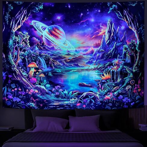 Galoker Blacklight Galaxy Space Tapestry Trippy Planet نسيج الأشعة فوق البنفسجية التفاعلية نبات النيون الأزهار الجدار المفروشات الخيال الغابات الجبلية المفروشات الجدار شنقا لديكور المنزل (51.2 "× 59.1") in Kuwait