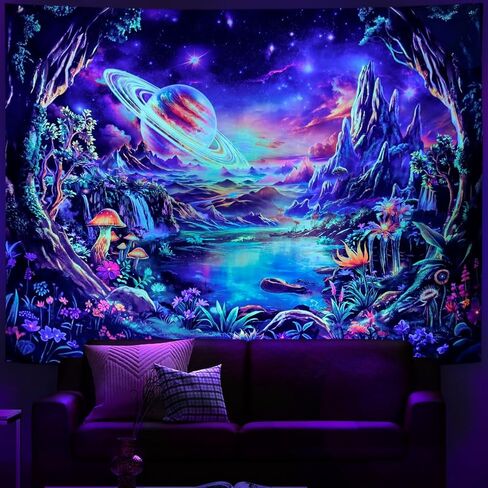 Galoker Blacklight Galaxy Space Tapestry Trippy Planet نسيج الأشعة فوق البنفسجية التفاعلية نبات النيون الأزهار الجدار المفروشات الخيال الغابات الجبلية المفروشات الجدار شنقا لديكور المنزل (51.2 "× 59.1") in Kuwait