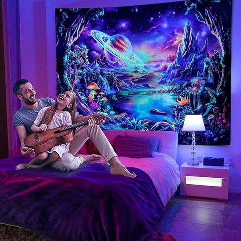 Galoker Blacklight Galaxy Space Tapestry Trippy Planet نسيج الأشعة فوق البنفسجية التفاعلية نبات النيون الأزهار الجدار المفروشات الخيال الغابات الجبلية المفروشات الجدار شنقا لديكور المنزل (51.2 "× 59.1") in Kuwait