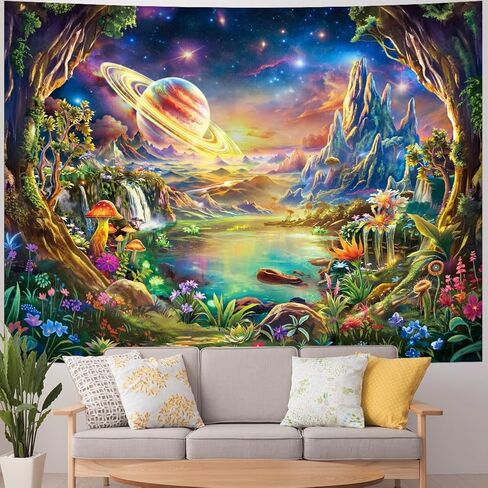 Galoker Blacklight Galaxy Space Tapestry Trippy Planet نسيج الأشعة فوق البنفسجية التفاعلية نبات النيون الأزهار الجدار المفروشات الخيال الغابات الجبلية المفروشات الجدار شنقا لديكور المنزل (51.2 "× 59.1") in Kuwait