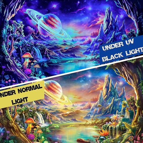 Galoker Blacklight Galaxy Space Tapestry Trippy Planet نسيج الأشعة فوق البنفسجية التفاعلية نبات النيون الأزهار الجدار المفروشات الخيال الغابات الجبلية المفروشات الجدار شنقا لديكور المنزل (51.2 "× 59.1") in Kuwait