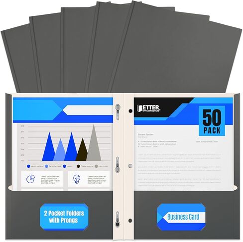 Better Office Products Gray Paper 2 Pocket Folders with Prongs, Matte Texture, Letter Size Paper Folders, 50 Pack, with 3 Metal Prong Fastener Clips, Gray in Saudi Arabia
