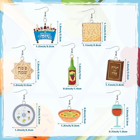 PANTIDE 8Pairs Passover Earrings for Women - Jewish Pesach Seder Food Matzo Haggadah Red Wine Earrings, Drop Dangle Acrylic Lightweight Cute Ear Decoration, Jewish Holiday Party Passover Jewelry Gift in Kuwait