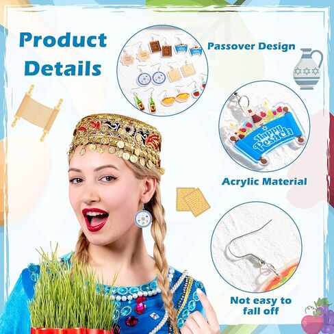 PANTIDE 8Pairs Passover Earrings for Women - Jewish Pesach Seder Food Matzo Haggadah Red Wine Earrings, Drop Dangle Acrylic Lightweight Cute Ear Decoration, Jewish Holiday Party Passover Jewelry Gift in Kuwait