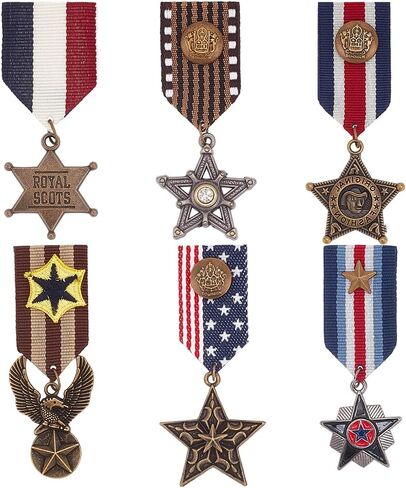 WEBEEDY 6 Pcs Unisex Vintage Military Hero Medals Badge Brooch Pins - Red, Brown, Gold, Silver - Pin Clasp - 6 Styles - Alloy Metal - 0.07kg - MINI-WE0003-95-US31 in Saudi Arabia