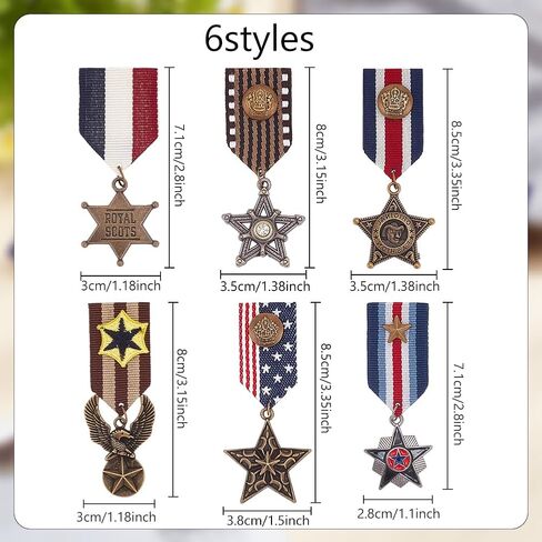 WEBEEDY 6 Pcs Unisex Vintage Military Hero Medals Badge Brooch Pins - Red, Brown, Gold, Silver - Pin Clasp - 6 Styles - Alloy Metal - 0.07kg - MINI-WE0003-95-US31 in Saudi Arabia