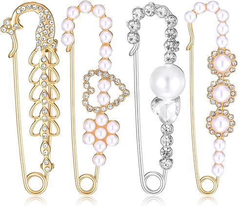 4 Pieces Pearl Brooch Pins, Faux Crystal Decorative Safety Pins for Clothing Sweater Shawl Pin and Brooches Pearl Safety Pin for Women Dress Pants Scarf Skirt Cardigan Collar in Saudi Arabia