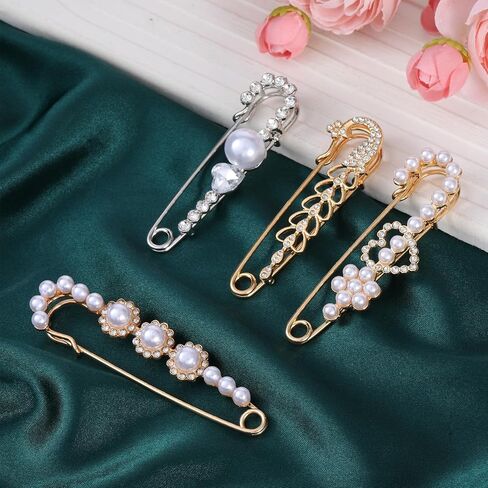4 Pieces Pearl Brooch Pins, Faux Crystal Decorative Safety Pins for Clothing Sweater Shawl Pin and Brooches Pearl Safety Pin for Women Dress Pants Scarf Skirt Cardigan Collar in Saudi Arabia