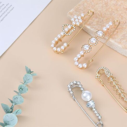 4 Pieces Pearl Brooch Pins, Faux Crystal Decorative Safety Pins for Clothing Sweater Shawl Pin and Brooches Pearl Safety Pin for Women Dress Pants Scarf Skirt Cardigan Collar in Saudi Arabia