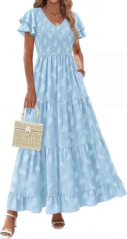dowerme Maxi Dresses for Women 2026 Summer Ruffle Sleeve V Neck Smocked A Line Floral Boho Tiered Sundress Spring Outfit in Kuwait