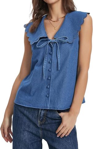 SCOFEEL النساء سترة جينز بلا أكمام ربطة القوس فيونكة الجبهة زر أسفل جان سترة القمم الصيف بيتر بان طوق الدينيم القمم in Kuwait