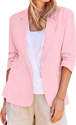 GRASWE Women Linen Single Button Blazers 3/4 Sleeve Solid Color Jacket Work Summer Cardigan in Kuwait