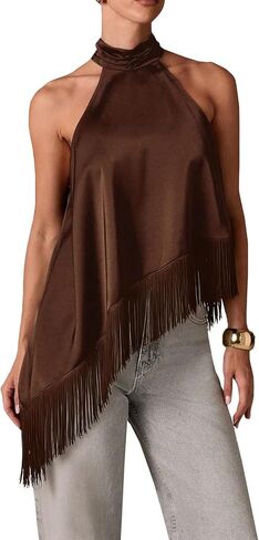 Womens Mock Neck Satin Tank Tops Sleeveless Backless Fringe Halter Top Y2k Silk Asymmetrical Tassel Camisole in Kuwait